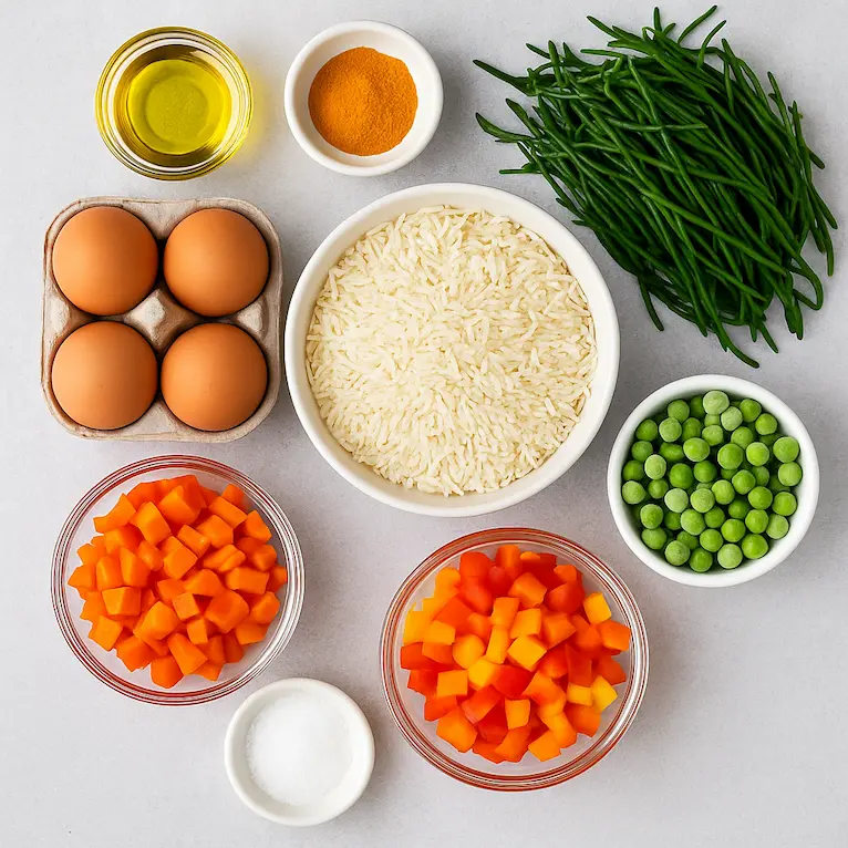 Ingredients for turmeric fried rice and grilled salmon dish laid out clearly.