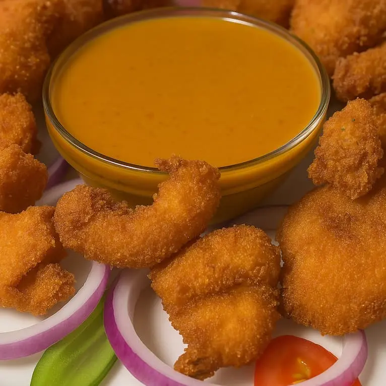 Golden crispy fried prawns arranged around a bowl of spicy dipping sauce