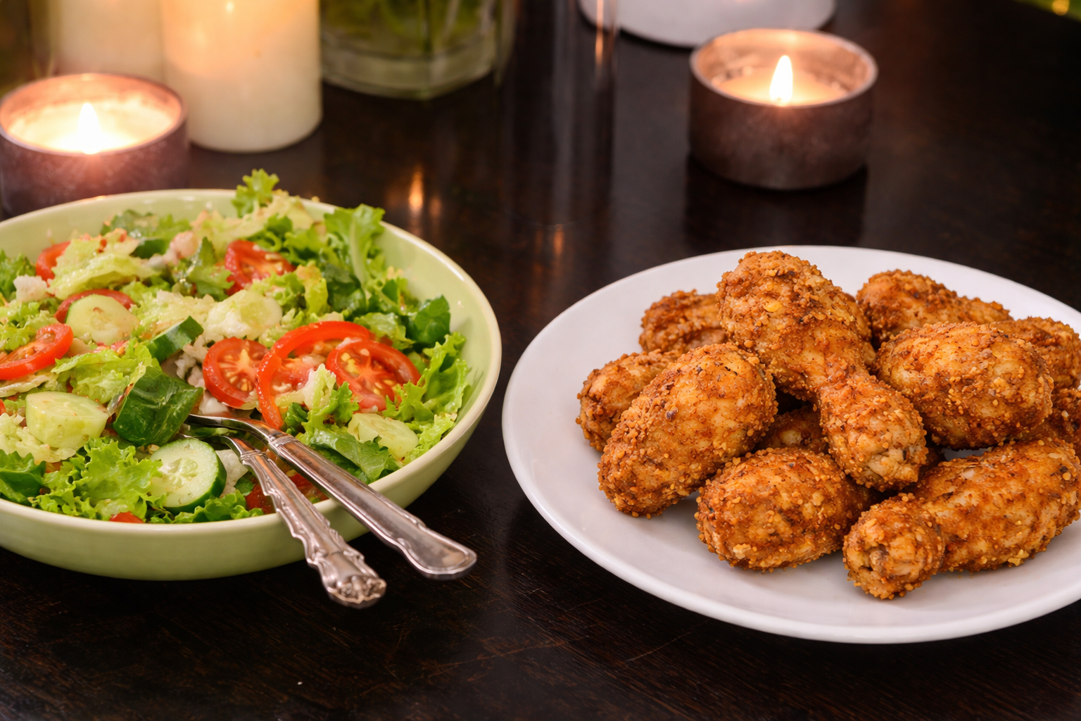 Crispy fried chicken served with a fresh green salad on a dinner table.
