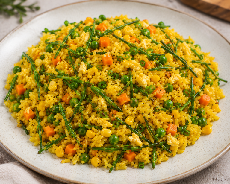 Yellow Fried Rice with Vegetables and Samphire