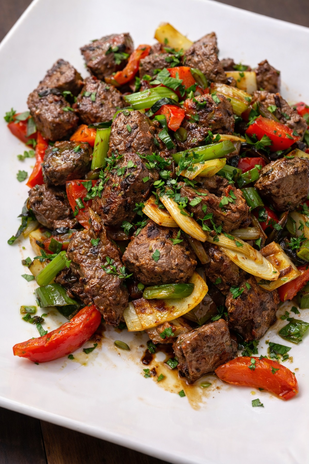 Liver and colorful vegetables cooking together in a skillet