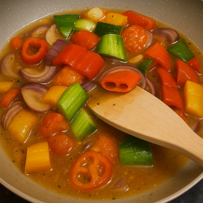 Sliced vegetables being sautéed in a pan, bringing vibrant color and aroma to the dish.