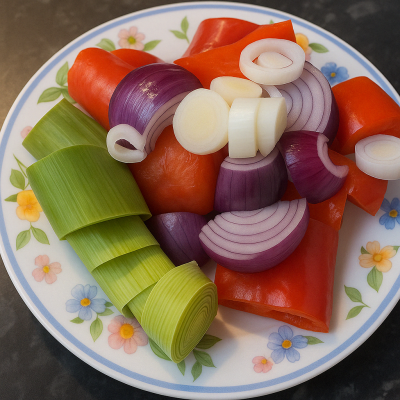 Colorful chopped vegetables including red bell pepper, leek, onion, and tomato arranged on a white plate.