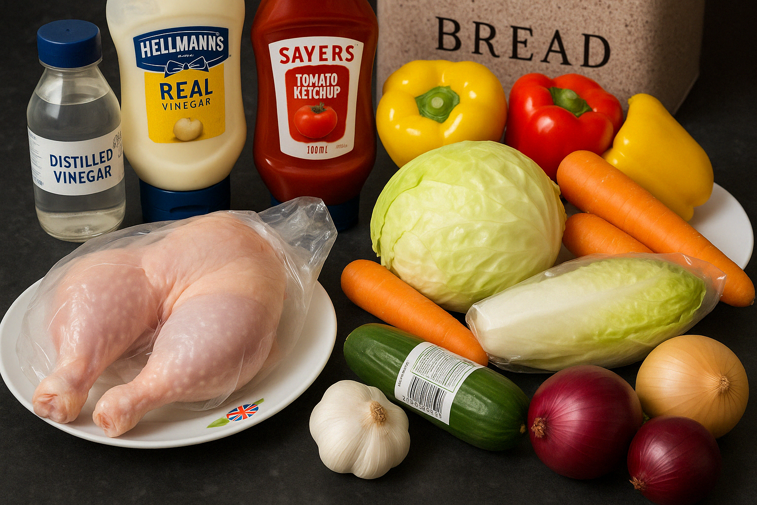 Fresh ingredients for marinated fried chicken with cabbage and carrot salad.