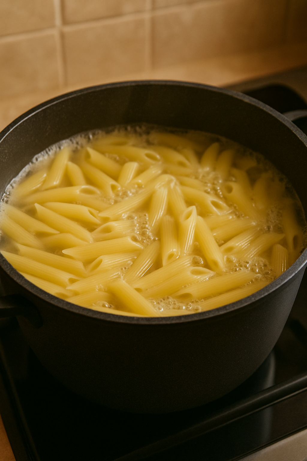 Penne pasta cooking in a pot of salted boiling water.