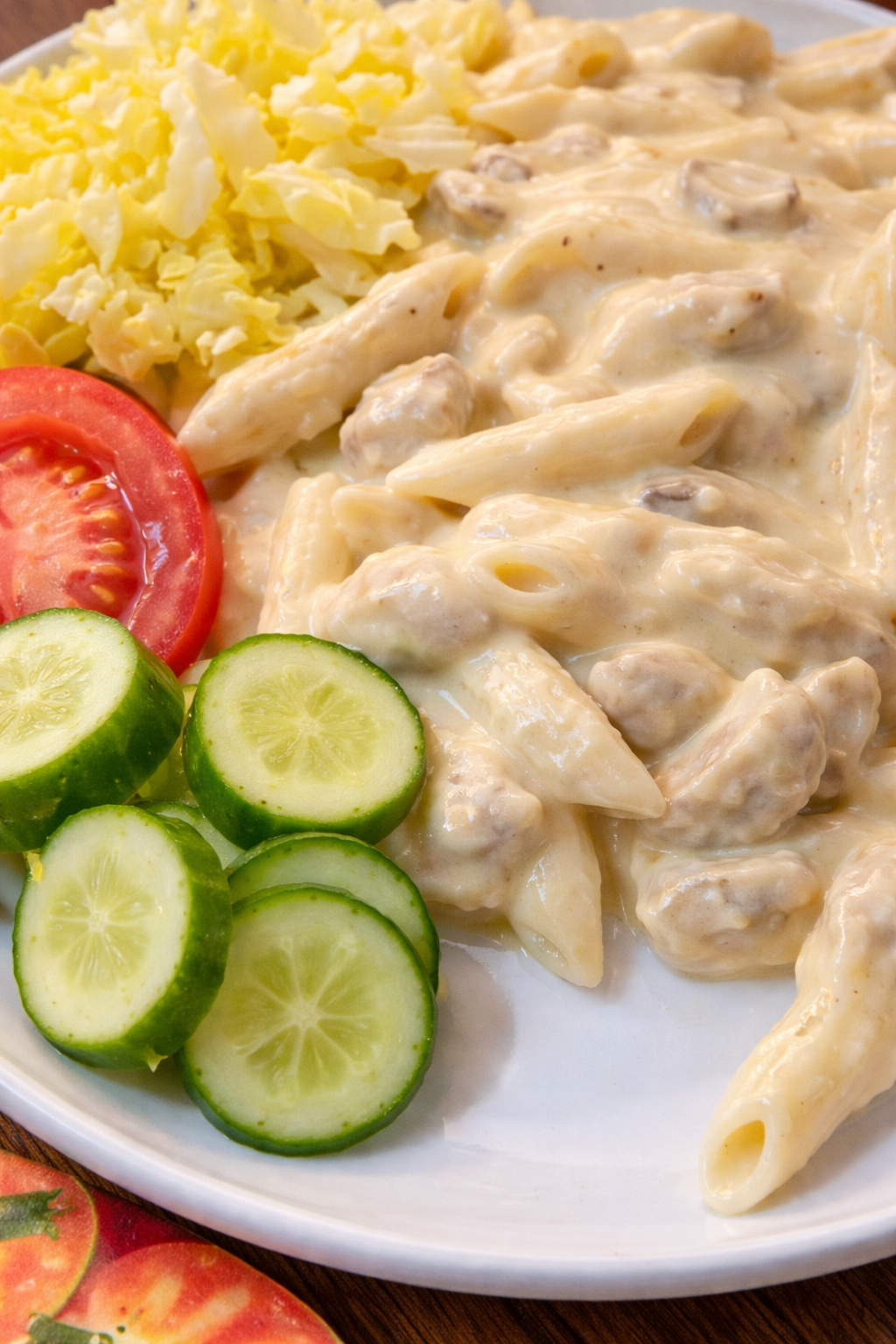 Creamy penne pasta garnished with fresh spring onions.