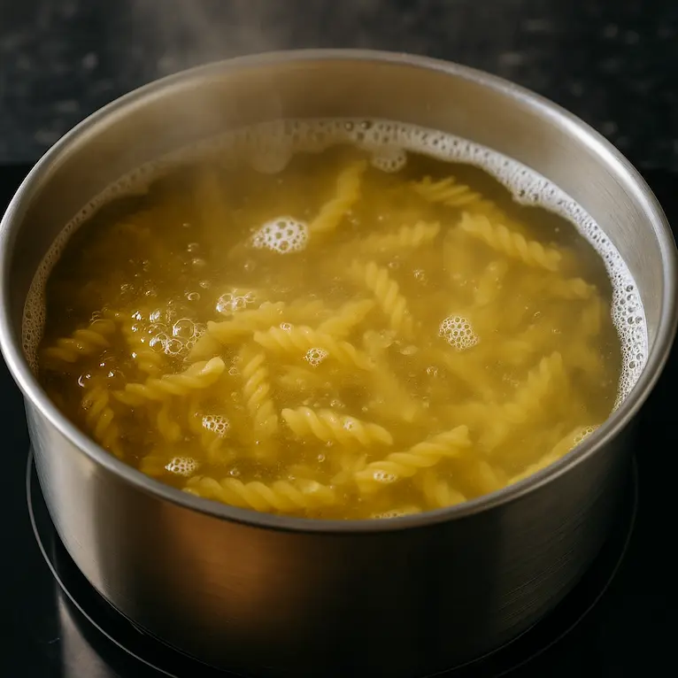 A large pot of pasta boiling in salted water, with steam rising and pasta floating near the surface.