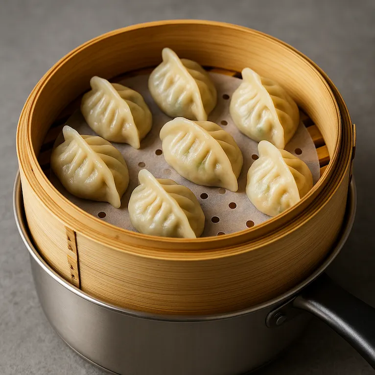Steamed vegetable dumplings in a bamboo steamer.