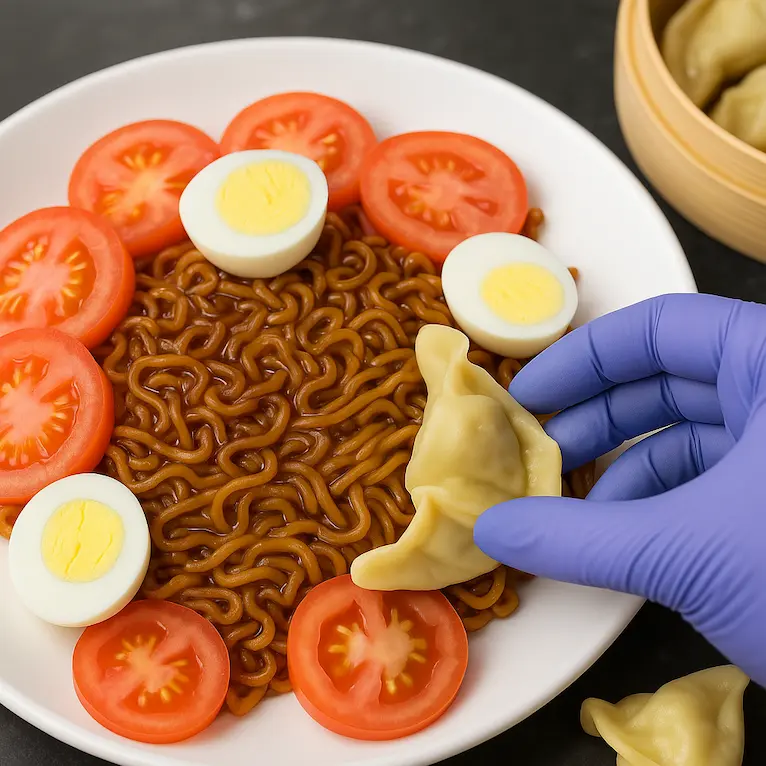 Noodle bowl topped with dumplings, tomato slices, and egg garnish.