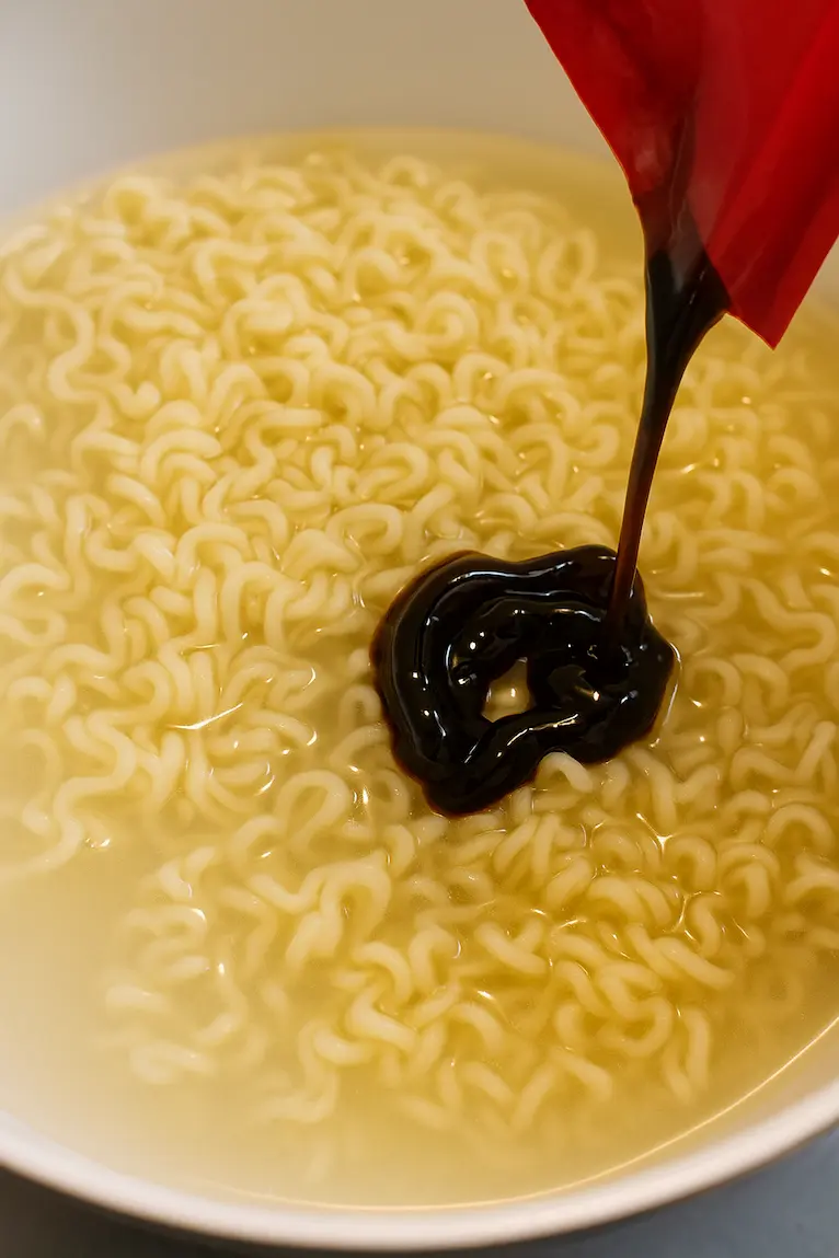 Noodles coated in glossy sauce inside a bowl.