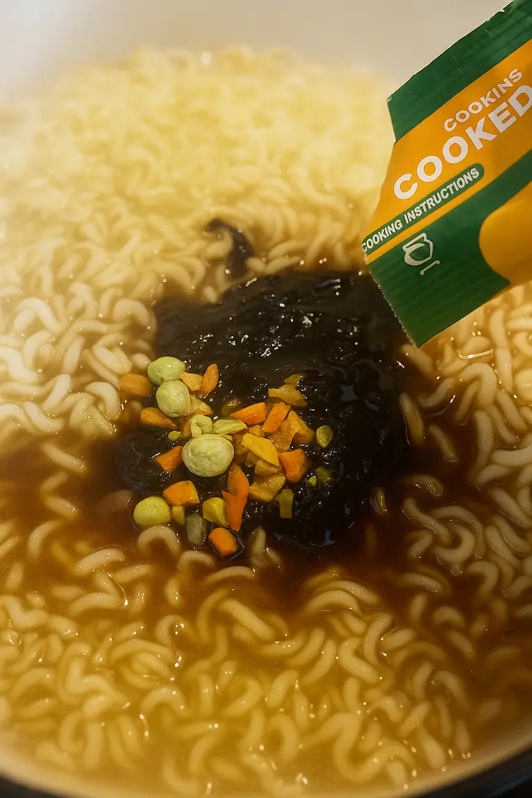 Vegetable seasoning sprinkled over noodles.