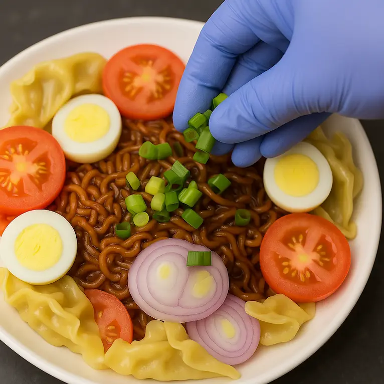 Finished noodle bowl with spring onion garnish.