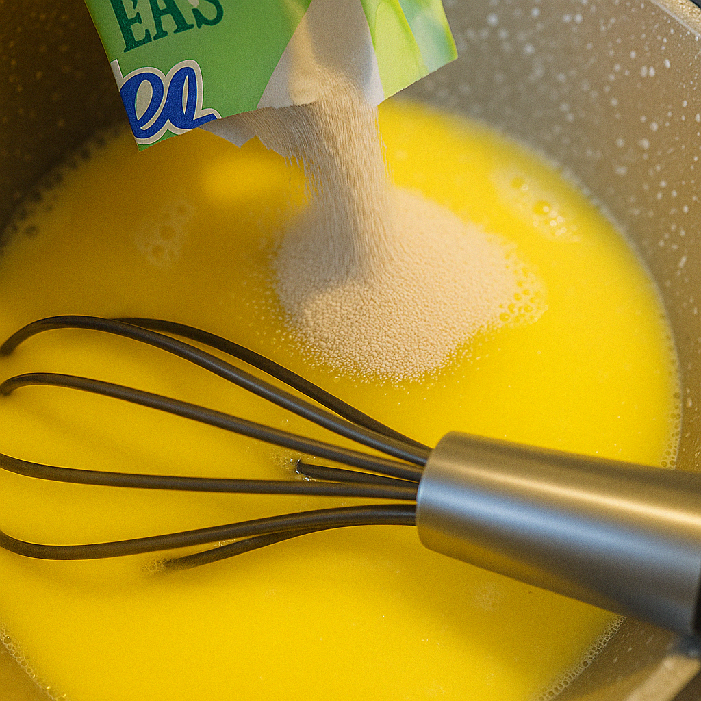 Yeast being sprinkled into a butter and milk mixture with a whisk