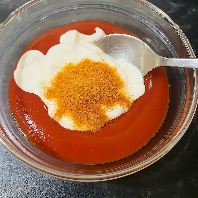 A small bowl containing pink-orange dip with a sprinkle of chili powder.