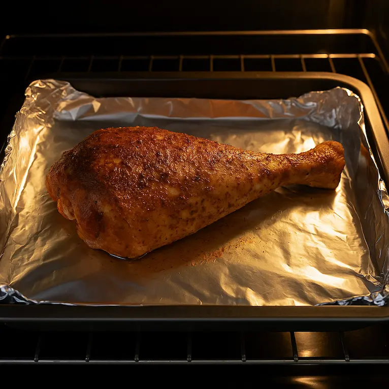 Foil-wrapped turkey leg on baking tray ready for roasting.