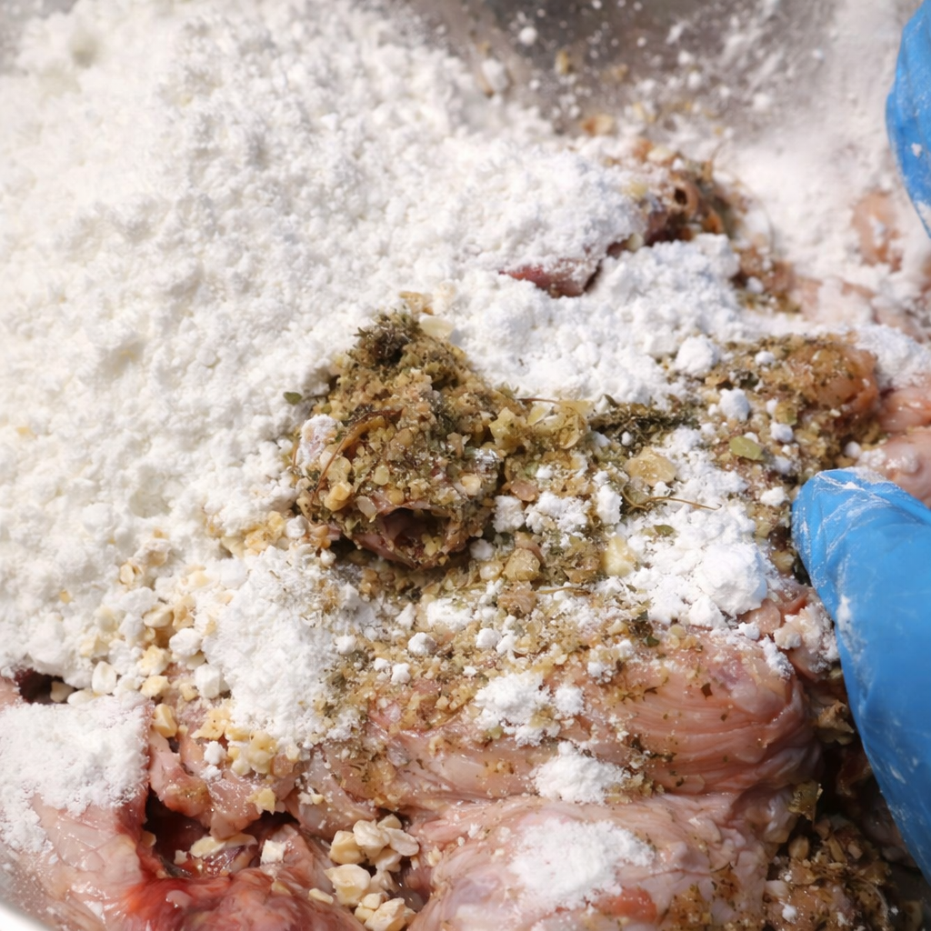Raw chicken wings coated with cornflour, garlic, and seasoning in a mixing bowl