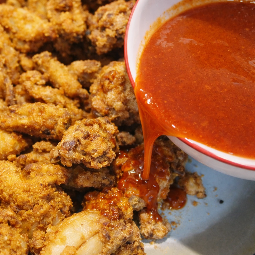 Chopped spring onions being added to spicy fried chicken wings in a pan
