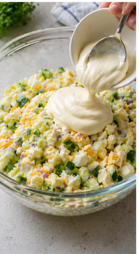 Adding mayonnaise to chopped egg and vegetable mixture in a bowl