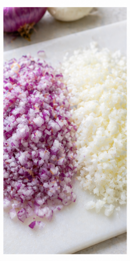 Finely chopped red onion and white onion on a cutting board