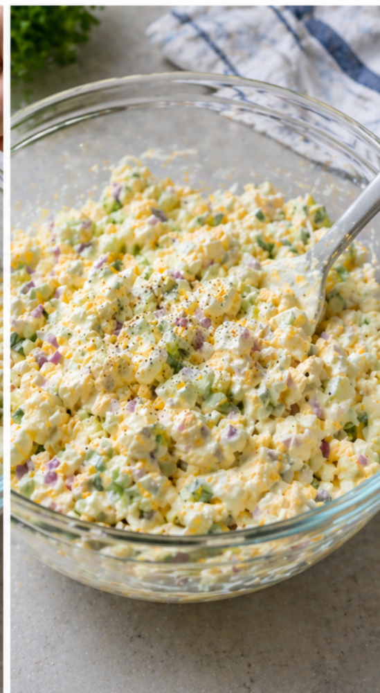 Creamy egg mixture evenly coated with mayonnaise and vegetables