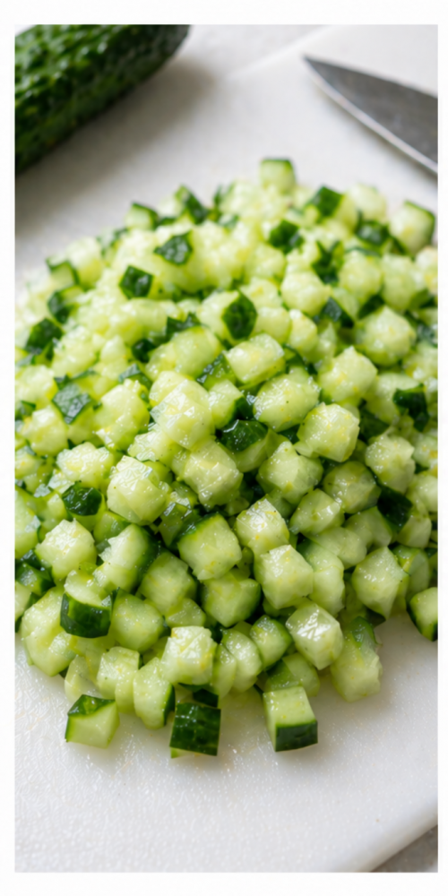 Diced cucumber cut into small cubes on a cutting board
