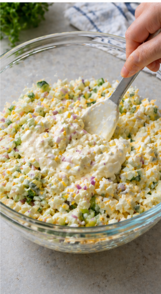 Gently mixing egg, cucumber, and onion mixture with mayonnaise