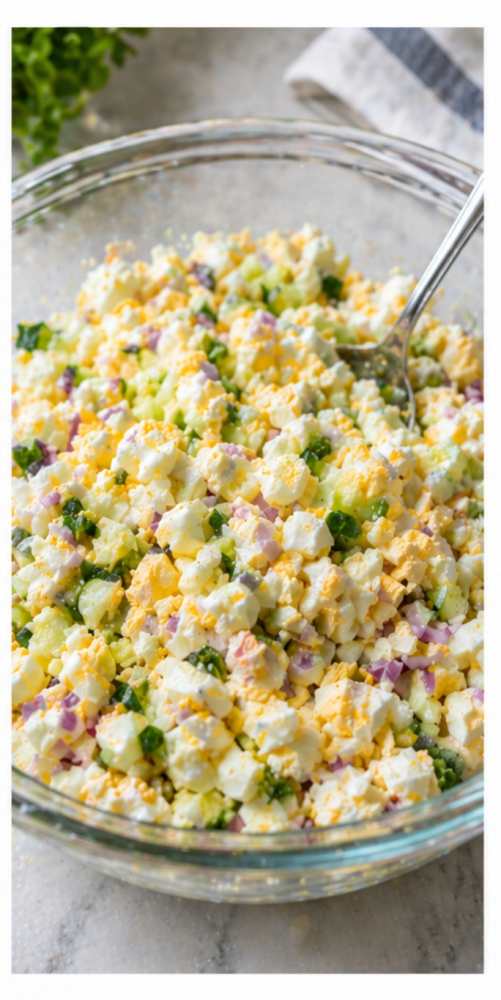 Mixing chopped eggs with cucumber and onions in a bowl