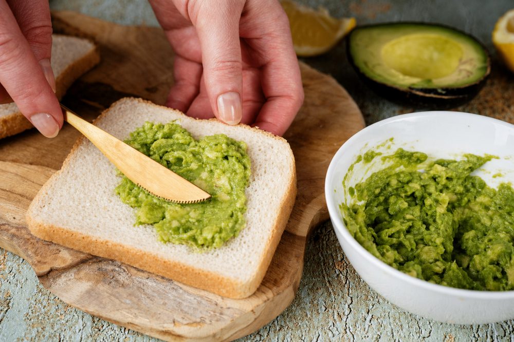 Spreading mashed avocado from a bowl onto bread with a knife