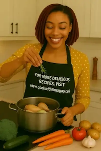 Woman adding rosemary sprig to soup pot.