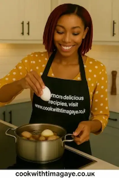 Woman holding boiled egg over pot of soup.