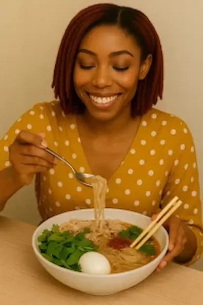 Woman enjoying a bowl of chicken noodle soup.