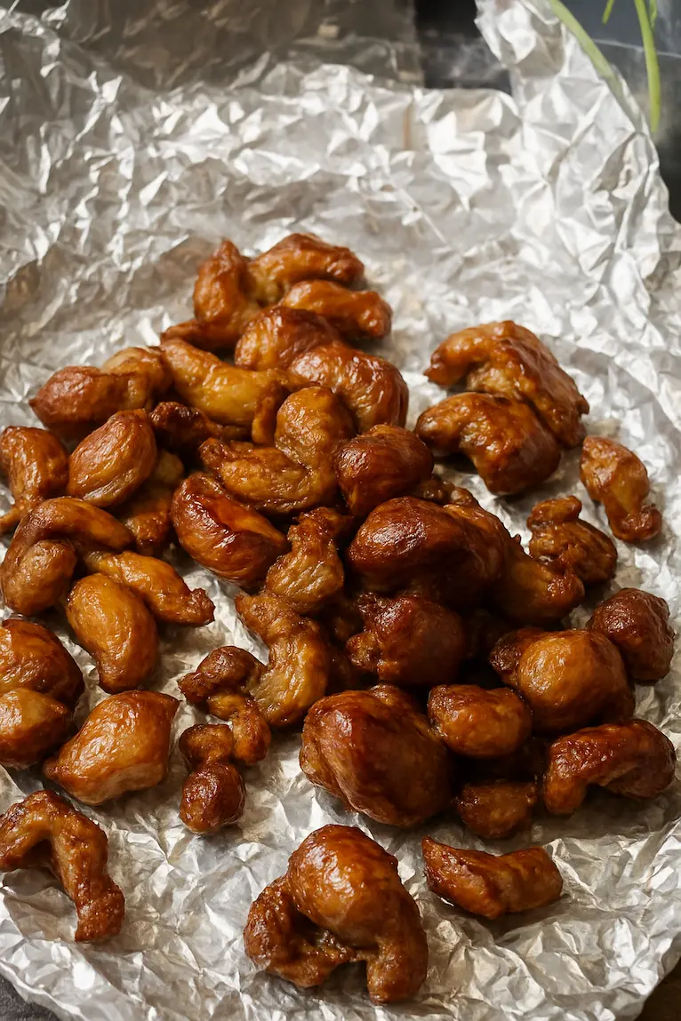 Fried or grilled chicken gizzards arranged on aluminum foil after cooking