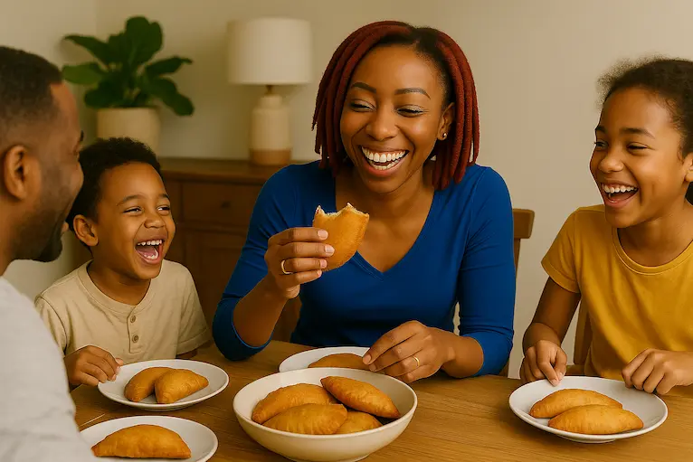 Smiling family sitting at a table enjoying homemade meat pies together.
