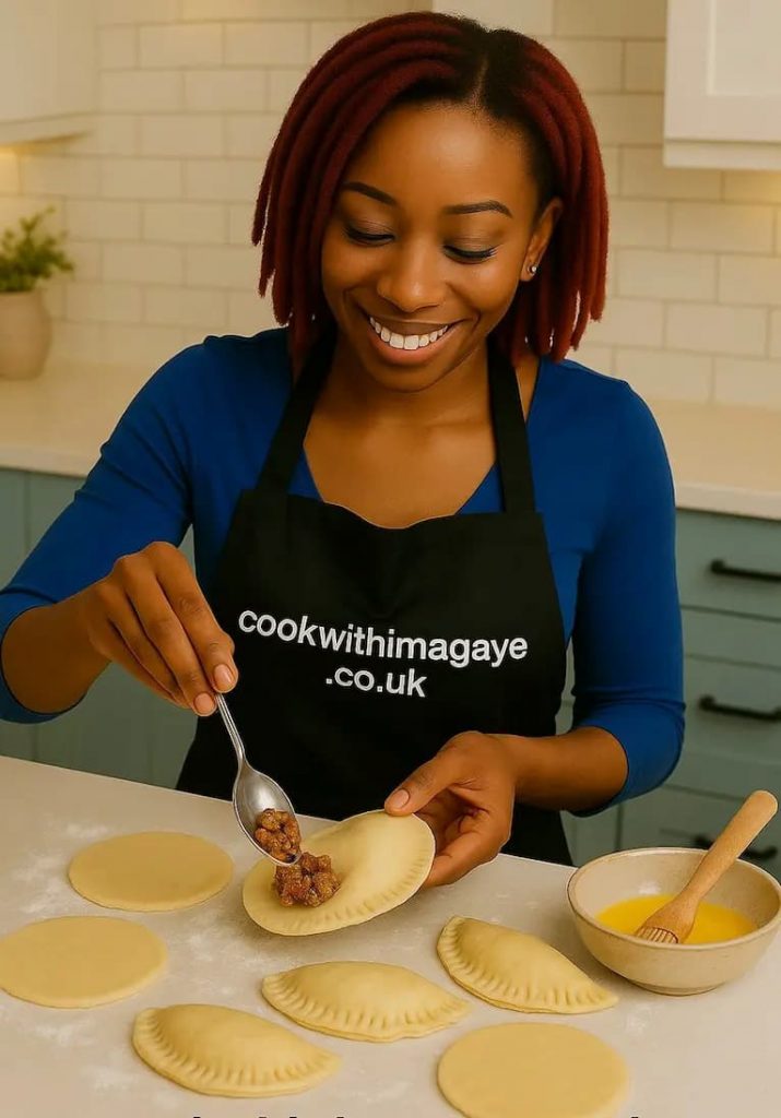 Woman spooning meat filling onto dough circles for homemade meat pies6