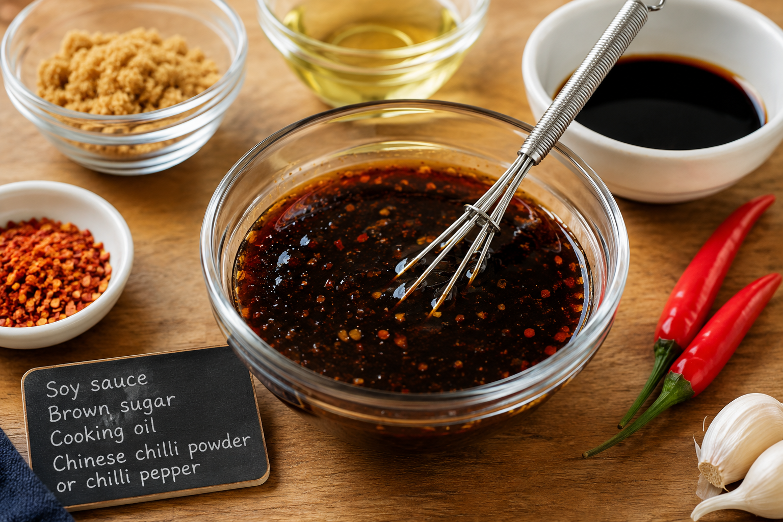 Homemade sweet chilli soy sauce for crispy chicken and prawn salad